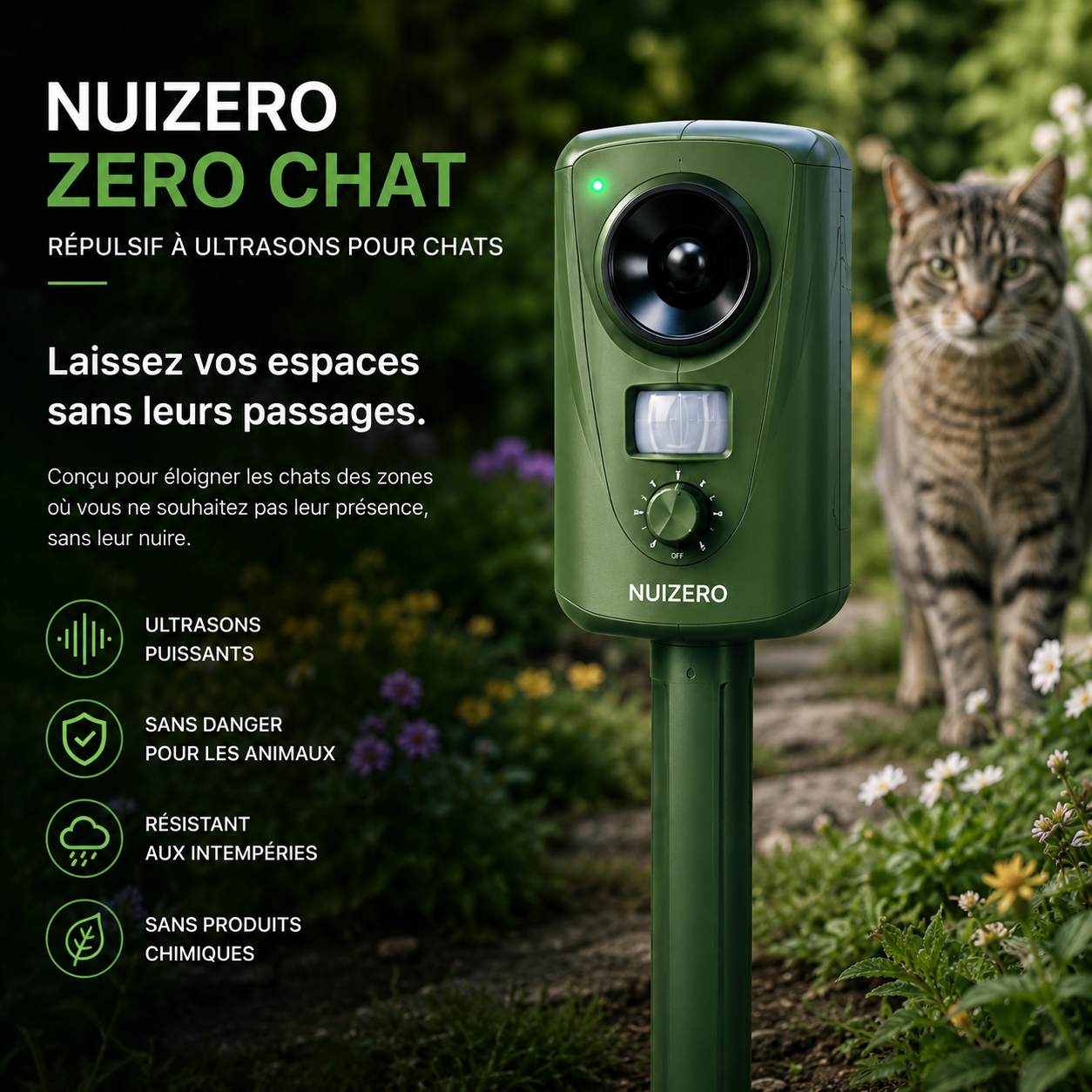 Répulsif Anti-Chiens et Chats Ultrasons + Flash