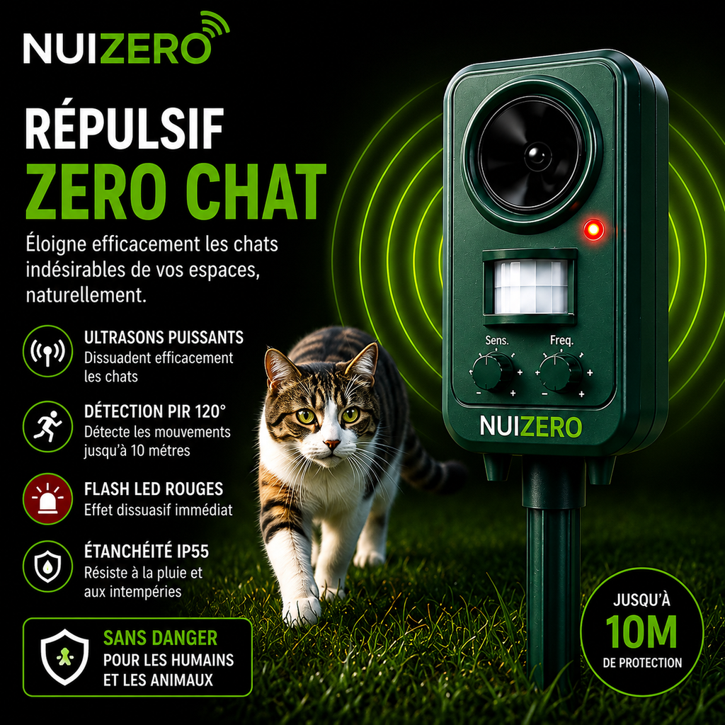 NUIZERO – Répulsif Anti-Chats à Ultrasons et Flash