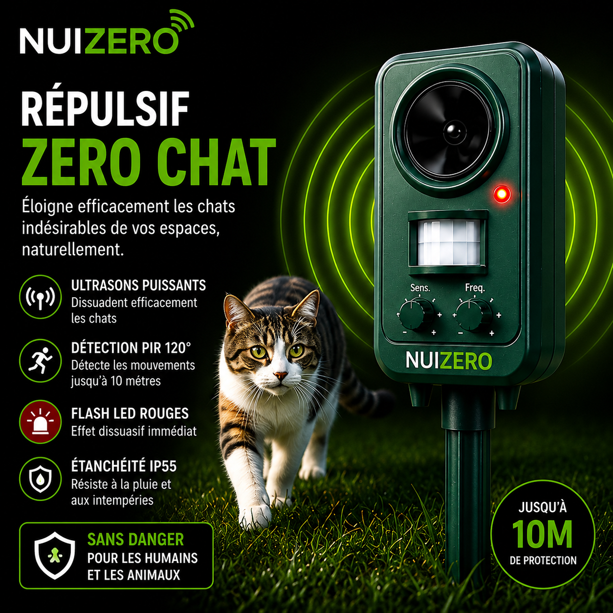 NUIZERO – Répulsif Anti-Chats à Ultrasons et Flash