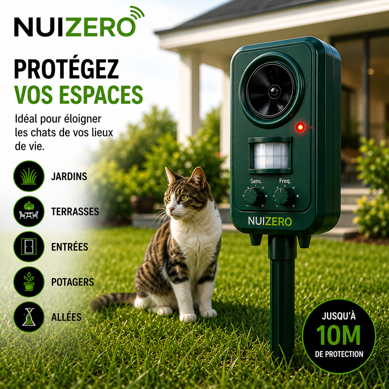 NUIZERO – Répulsif Anti-Chats à Ultrasons et Flash